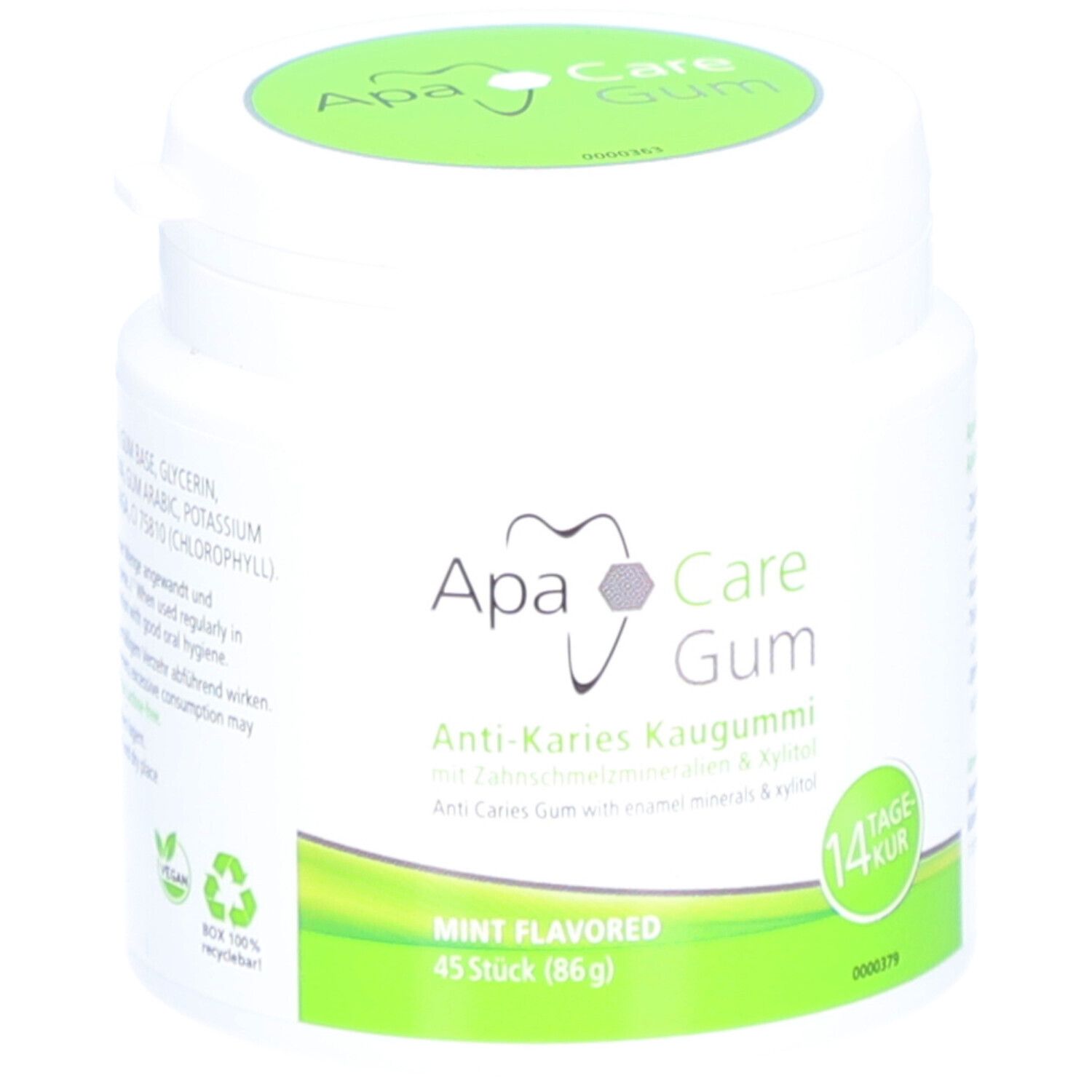 Weißer Behälter mit grünem Deckel. Aufschrift: ApaCare Gum Anti-Karies Kaugummi. 45 Stück, Mint Flavored.