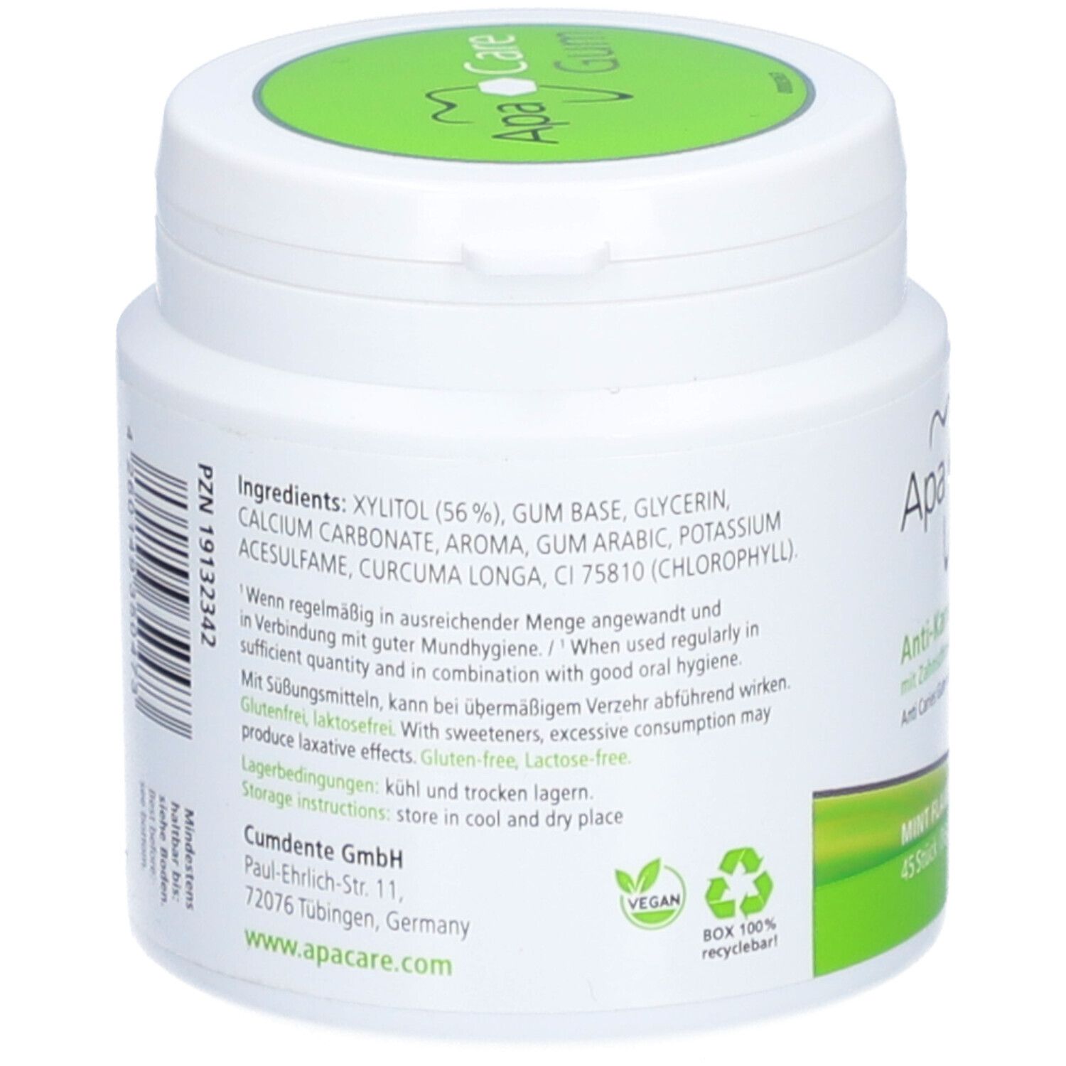 Rückseite des weißen Behälters. Zutatenliste, Lagerhinweise, Vegan-Siegel, Box 100% recyclebar. Adresse: Cumdente GmbH.