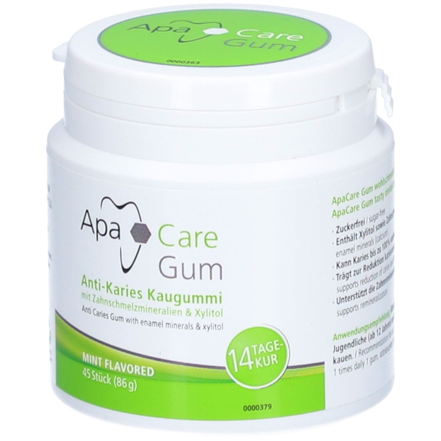 Weißer Behälter mit grünem Deckel. Aufschrift: ApaCare Gum Anti-Karies Kaugummi. 45 Stück, Mint Flavored, 14 Tage Kur.