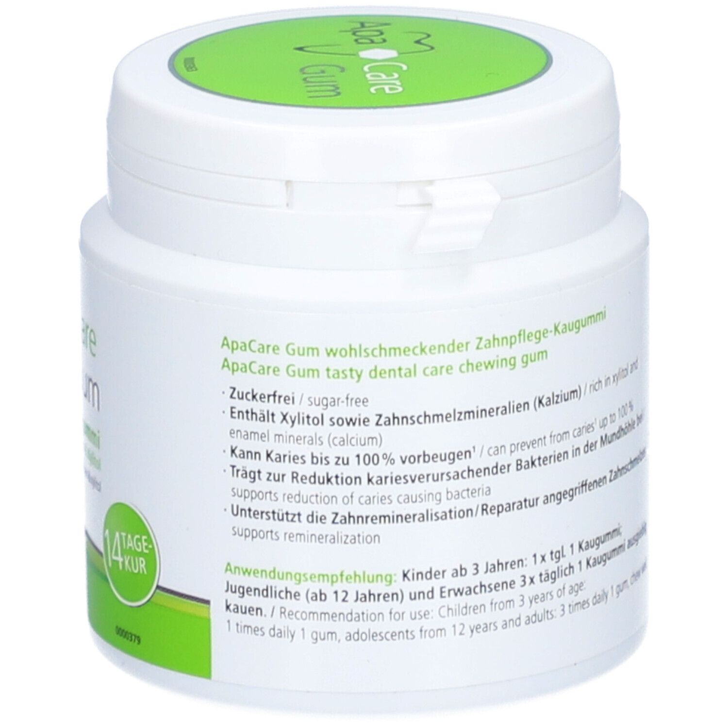 Rückseite des weißen Behälters. Text: ApaCare Gum, Anwendungsempfehlung. 14 Tage Kur. Vegan-Siegel.
