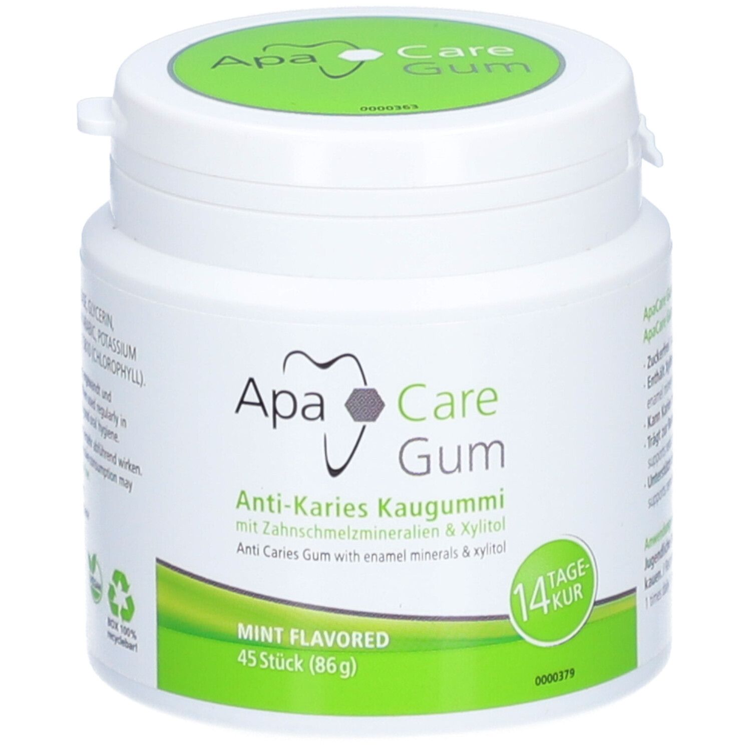 Weißer Behälter mit grünem Deckel. Aufschrift: ApaCare Gum Anti-Karies Kaugummi. 45 Stück, Mint Flavored.