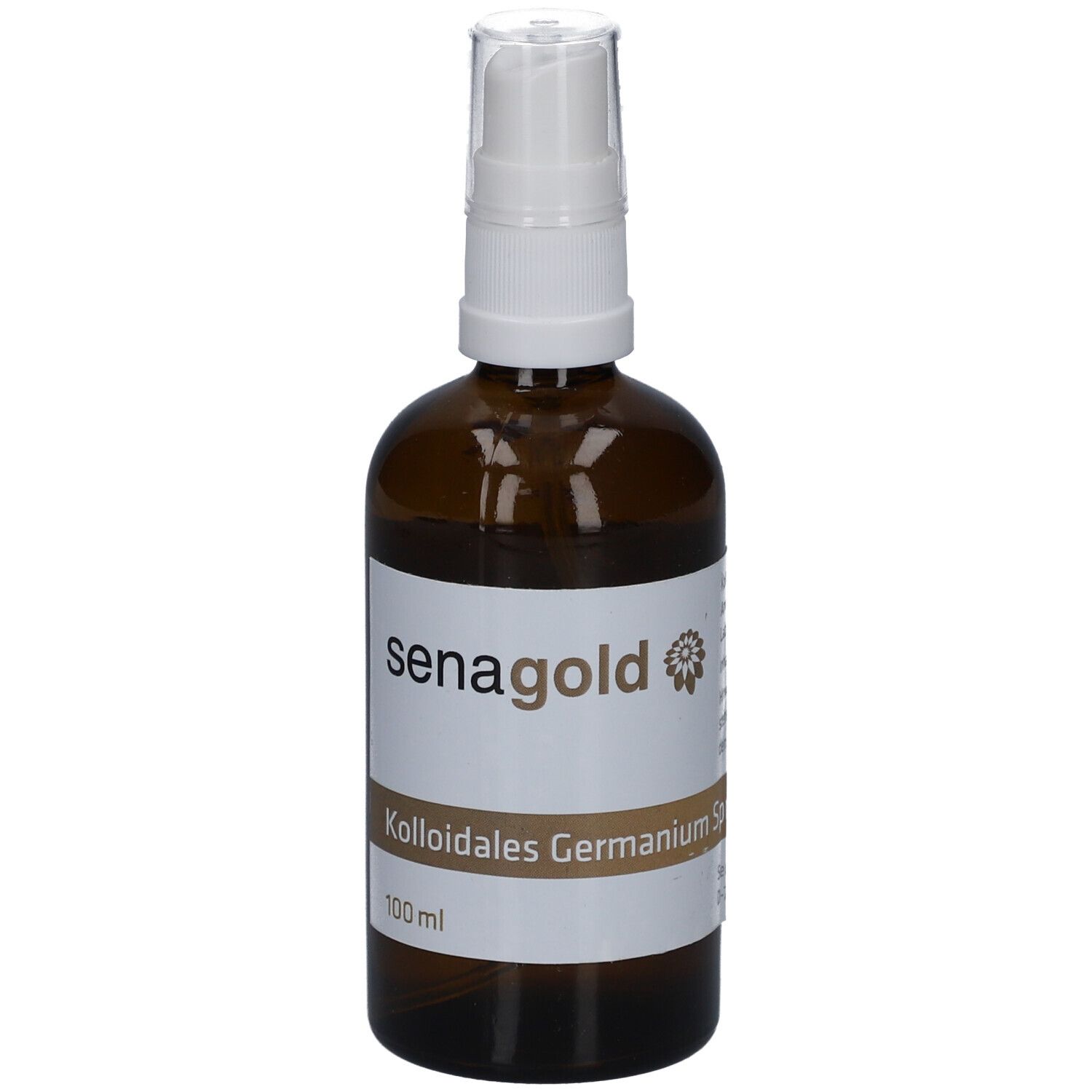 Braune Glasflasche mit weißem Sprühkopf. Aufschrift: senagold, Kolloidales Germanium Spray, 100 ml.