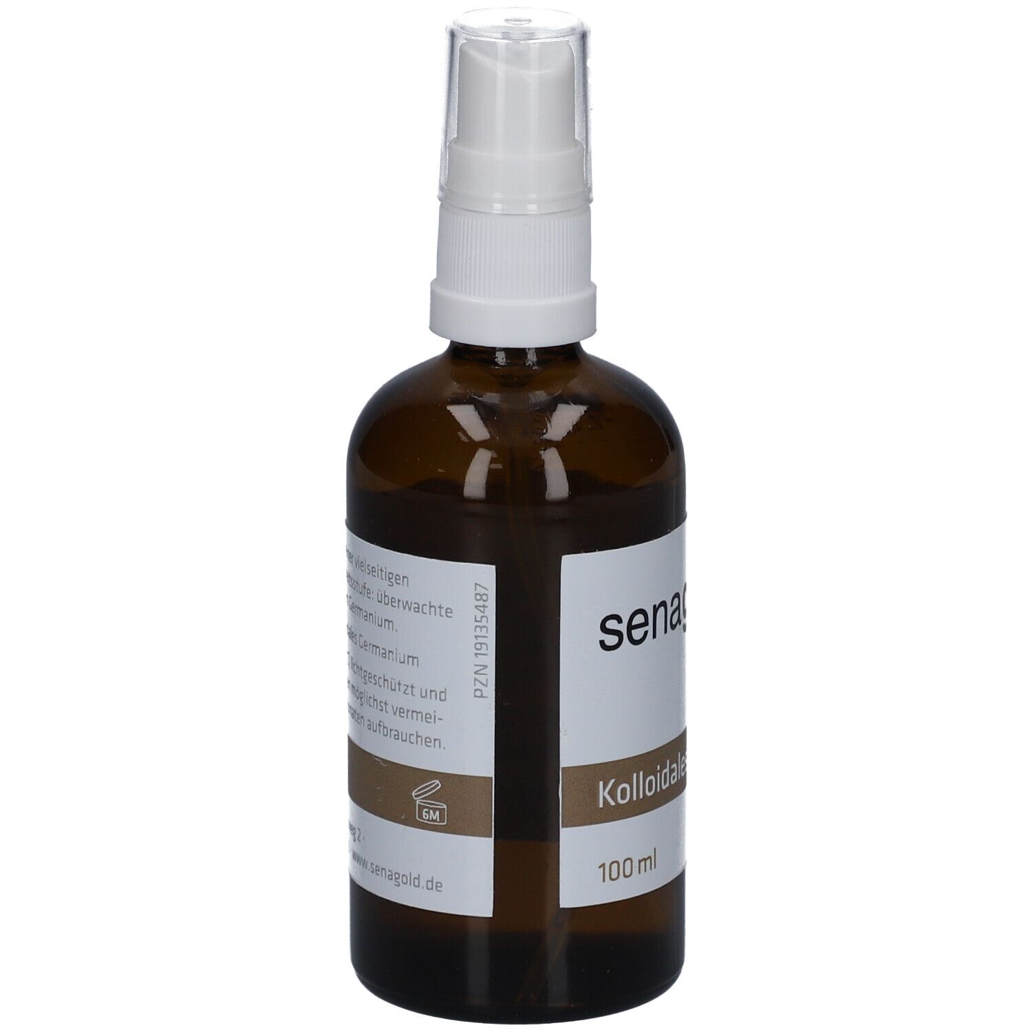 Braune Glasflasche mit weißem Sprühkopf. Aufschrift: senagold, Kolloidales Germanium Spray, 100 ml. Rückseite mit Text.