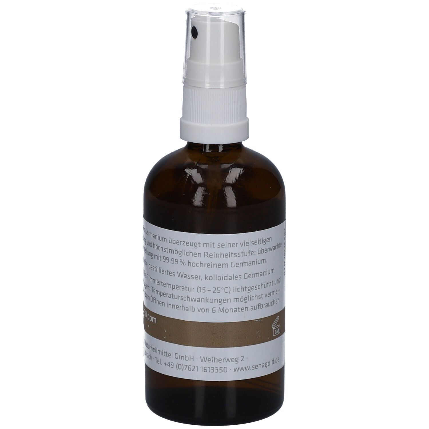 Braune Glasflasche mit weißem Sprühkopf. Rückseite mit Text. Kolloidales Germanium Spray. 100 ml.