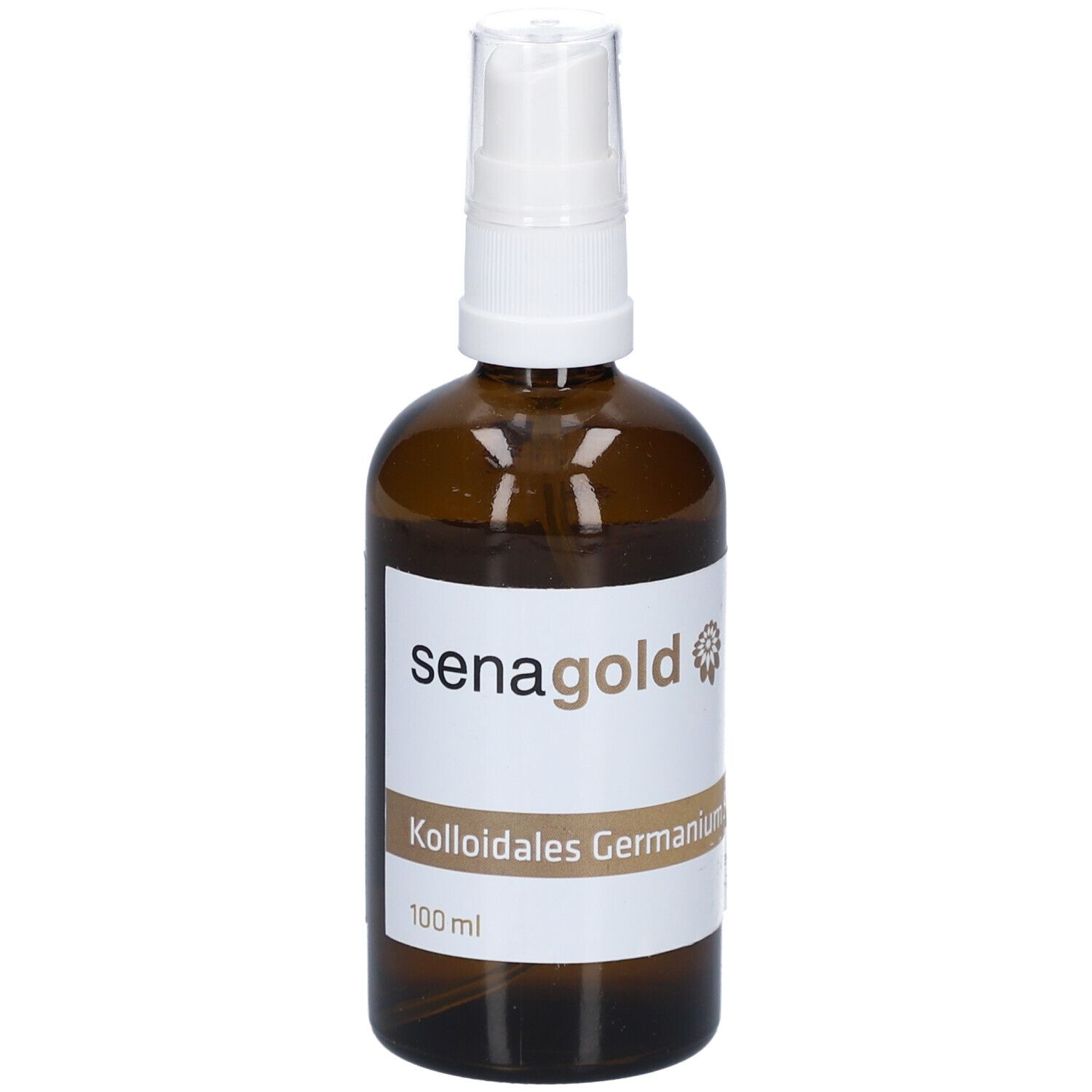Braune Glasflasche mit weißem Sprühkopf. Aufschrift: senagold, Kolloidales Germanium, 100 ml.