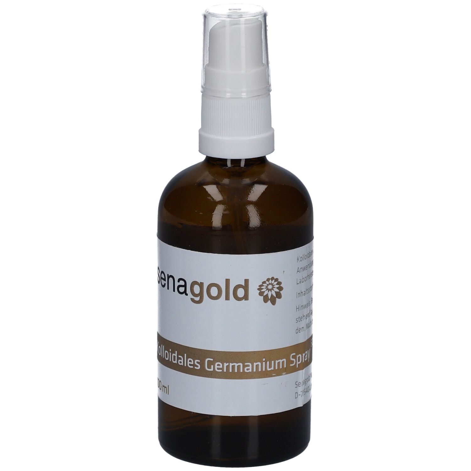 Braune Glasflasche mit weißem Sprühkopf. Aufschrift: senagold, Kolloidales Germanium Spray, 100 ml.