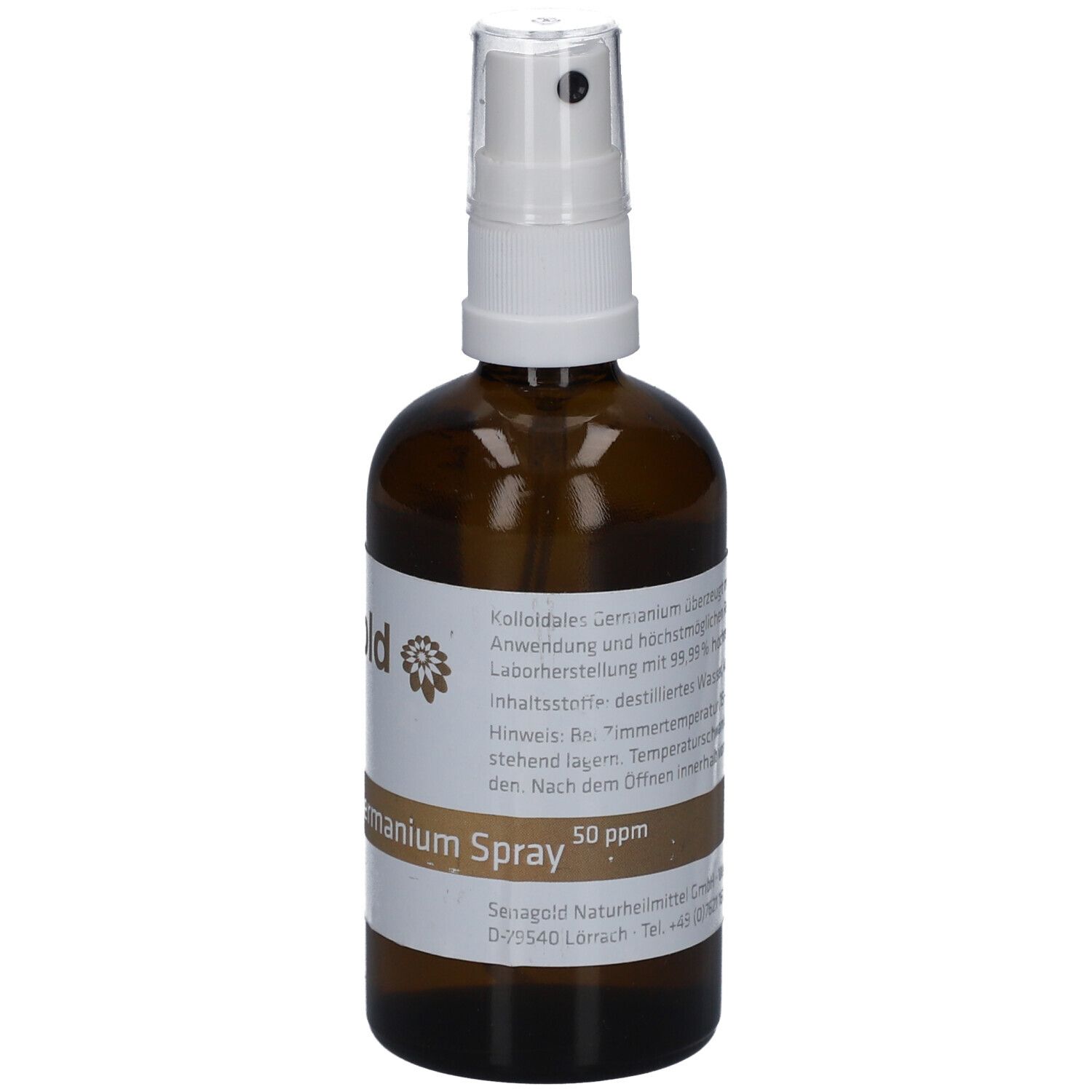 Braune Glasflasche mit weißem Sprühkopf. Aufschrift: senagold, Kolloidales Germanium Spray, 50 ppm.