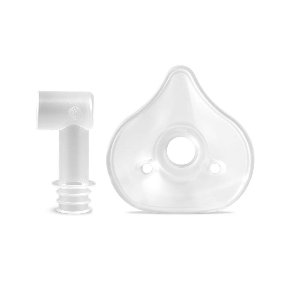 Gesichtsmaske und Winkelstück, transparent. Zwei Löcher an der Maske. Für Inhalation.