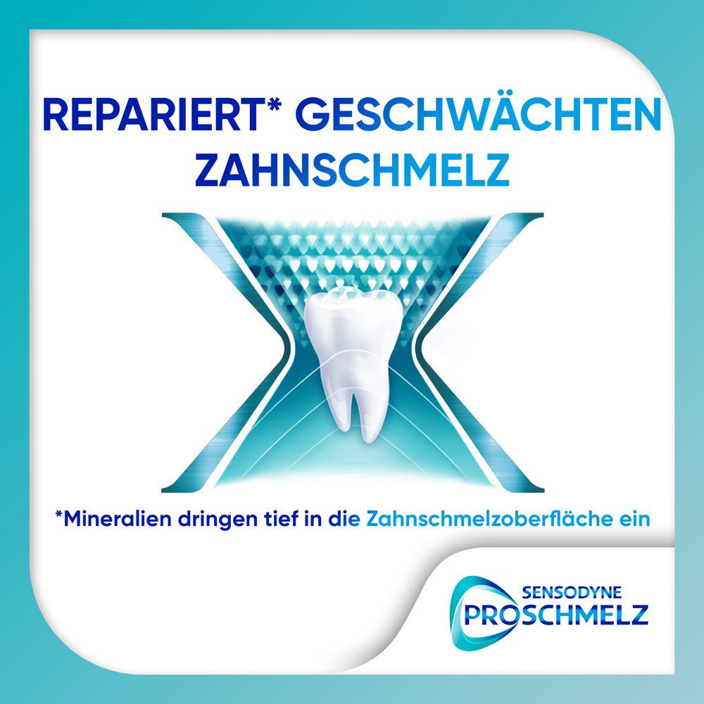 Grafik mit Zahn und Text: Repariert geschwächten Zahnschmelz. Marke: Sensodyne ProSchmelz. Hintergrund: Blau.