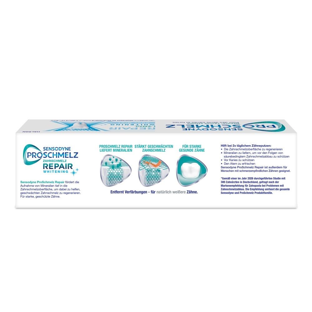 Sensodyne Proschmelz Repair Whitening Zahnpasta-Verpackung mit Darstellungen zur Wirkung.