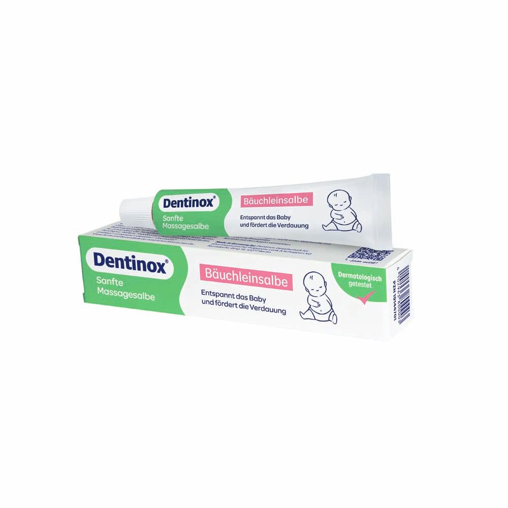 Dentinox Bäuchlein-Salbe, Tube und Schachtel. Tube mit grünem und rosa Design. Schachtel mit Produktinformationen.