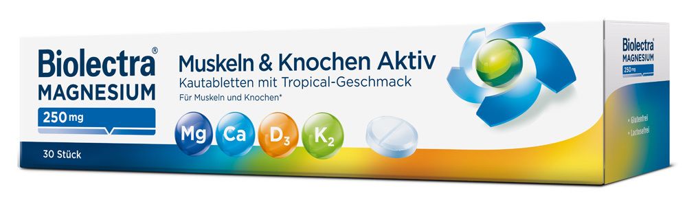 BIOLECTRA Magnesium 250 mg Kautabletten. Packung mit 30 Tabletten. Enthält Mg, Ca, D3, K2. Tropischer Geschmack.