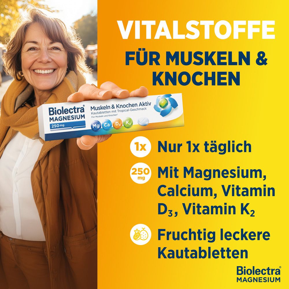 BIOLECTRA Magnesium 250 mg Kautabletten. Aufschrift: Kautabs, fruchtig & lecker. Enthält Mg, Ca, D3, K2. Ohne Laktose & Gluten.