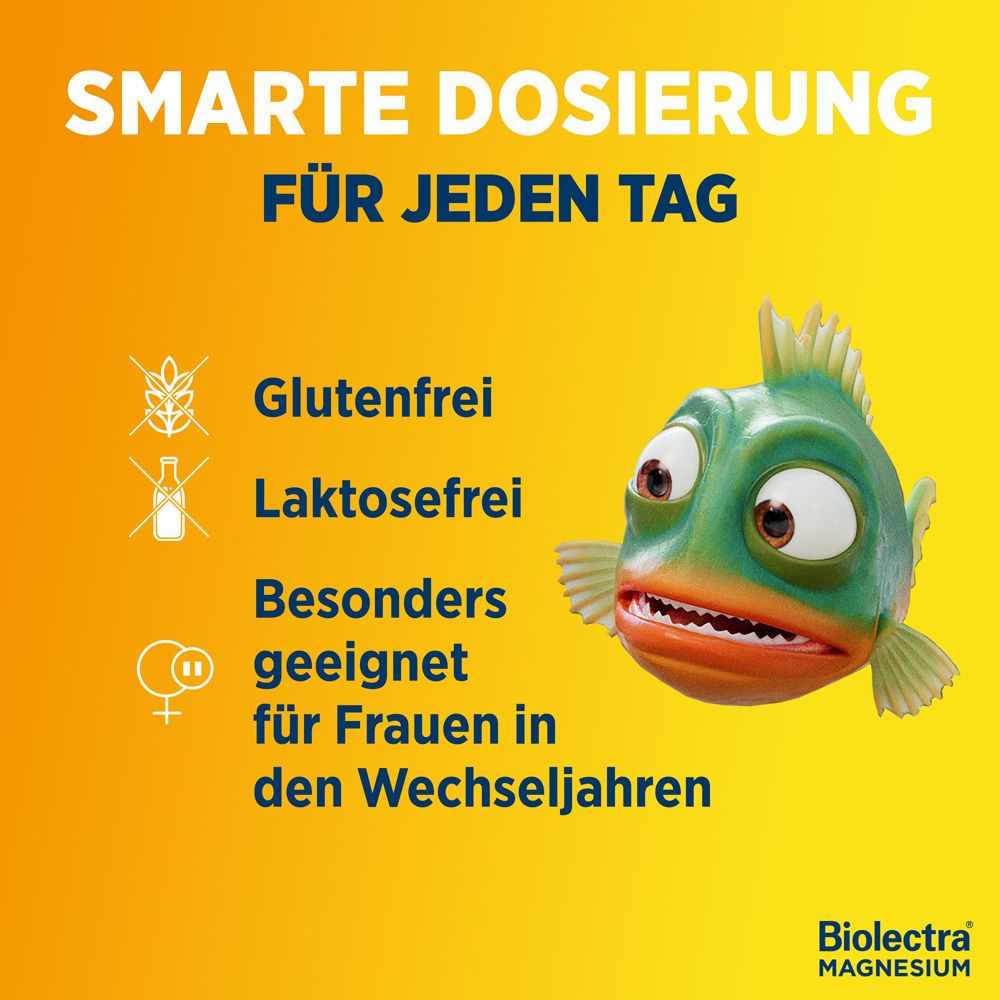 Frau nimmt Kautablette. Aufschrift: Kautabs, fruchtig & lecker. Ohne Zucker. Frei von Laktose & Gluten. 1x täglich.