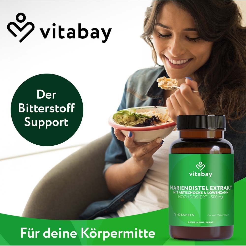 Braune Flasche mit grüner Etikett. Frau isst. Vitabay Mariendistel Komplex. Text: Der Bitterstoff Support. Für deine Körpermitte.