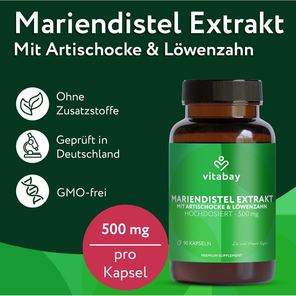 Braune Flasche mit grünem Etikett. Text: Mariendistel Extrakt mit Artischocke & Löwenzahn. 500 mg pro Kapsel. 90 Kapseln.