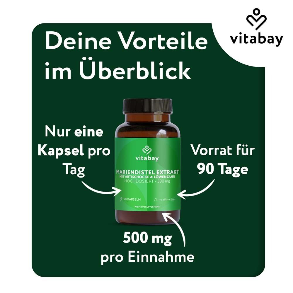 Flasche mit Kapseln. Text: Nur eine Kapsel pro Tag. Vorrat für 90 Tage. 500 mg pro Einnahme.