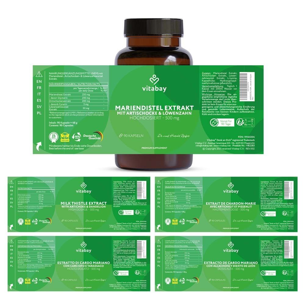 Braune Flasche mit Etiketten. Text: Mariendistel Extrakt mit Artischocke & Löwenzahn. 90 Kapseln. Mehrere Etiketten.