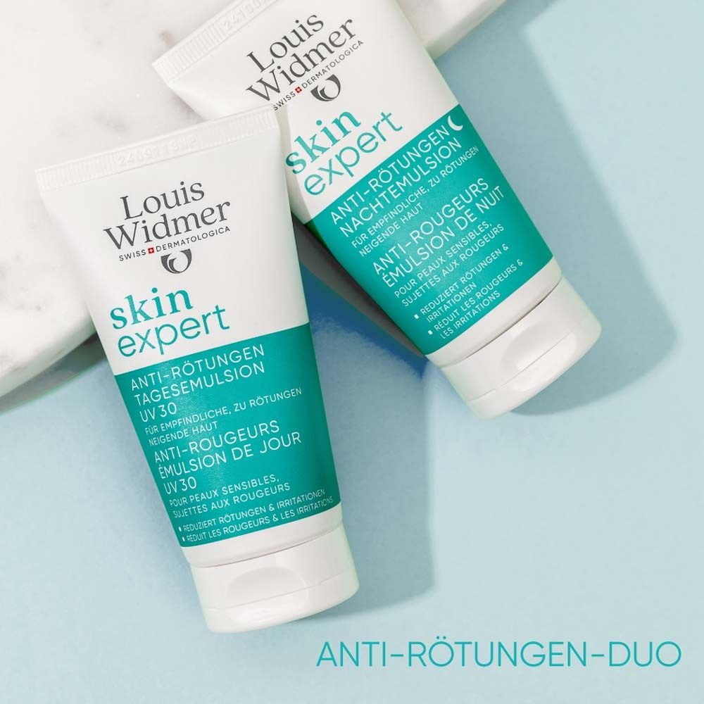 Zwei Tuben: Louis Widmer skin expert Tagesemulsion UV30 und Nachtemulsion. Grüner Text.