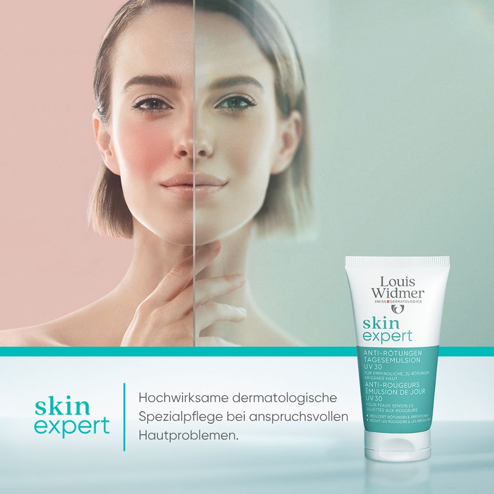 Frau mit roter Wange, daneben Louis Widmer skin expert Anti-Rötungen Tagesemulsion