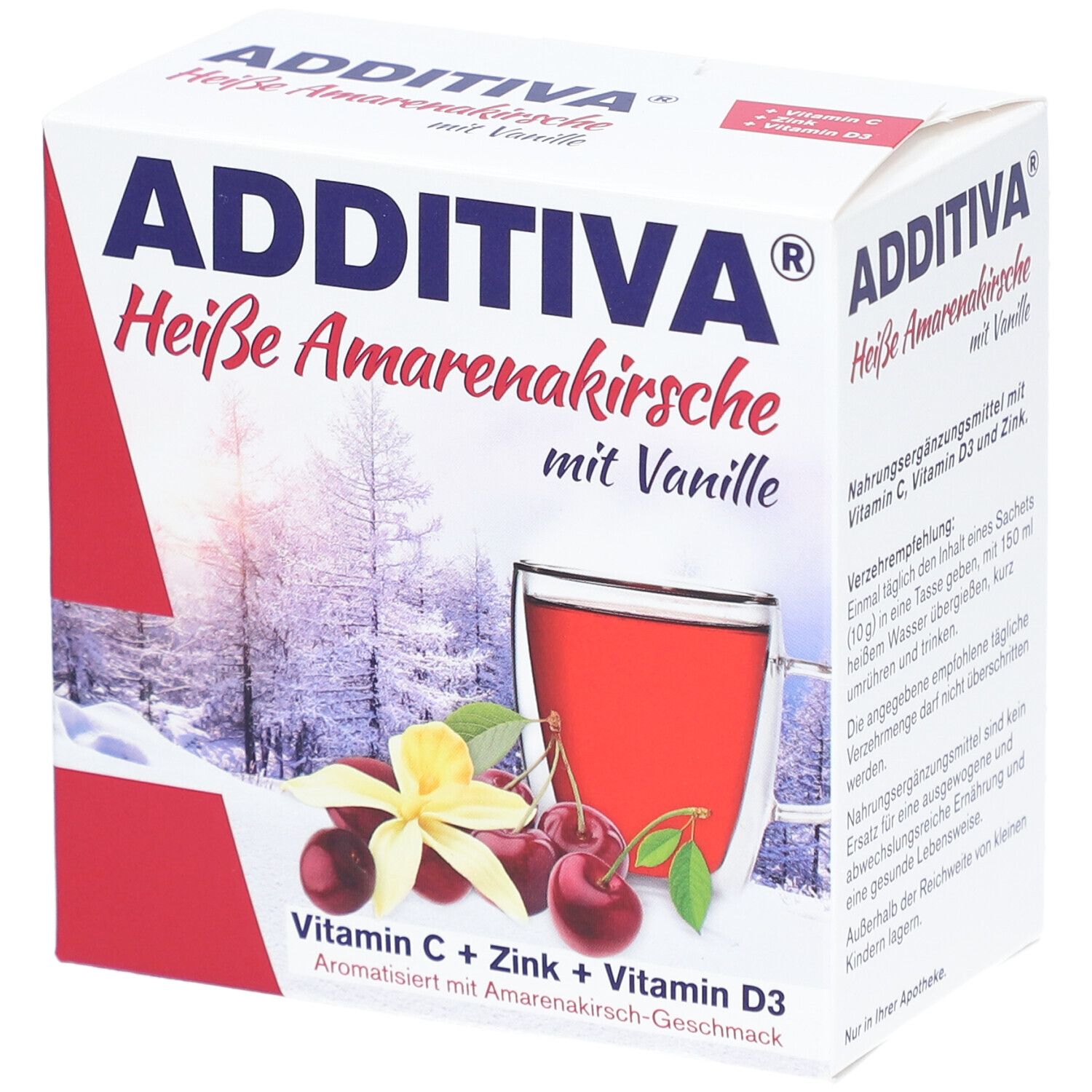 ADDITIVA® Heißgetränke Heiße Amarenakirsche mit Vanille. Karton mit Produktabbildung, Kirschen, Vanilleblüte und Tasse.