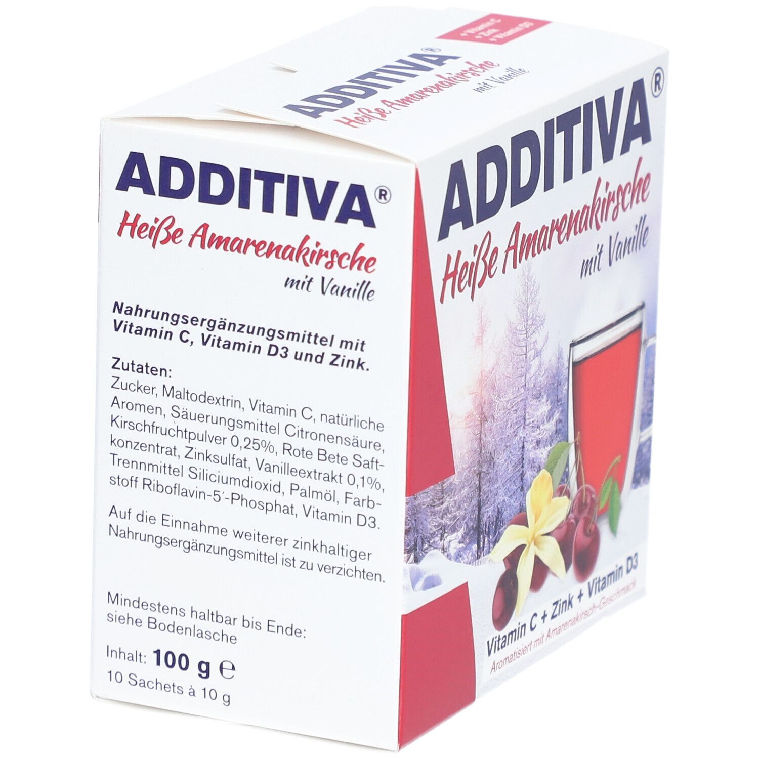 ADDITIVA® Heißgetränke Heiße Amarenakirsche mit Vanille. Karton mit Zutatenliste und Produktabbildung.