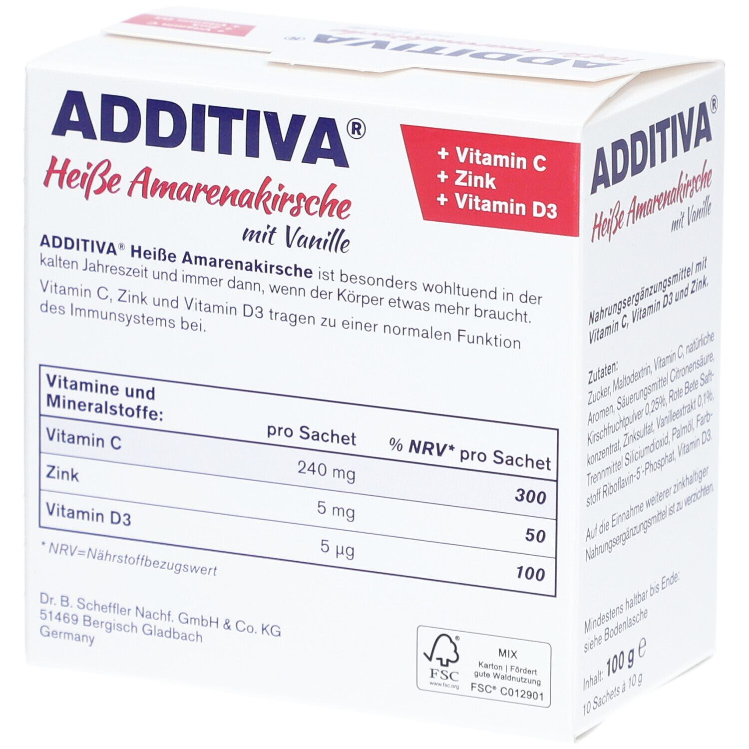 ADDITIVA® Heißgetränke Heiße Amarenakirsche mit Vanille. Karton mit Nährwerttabelle und Produktinformationen.