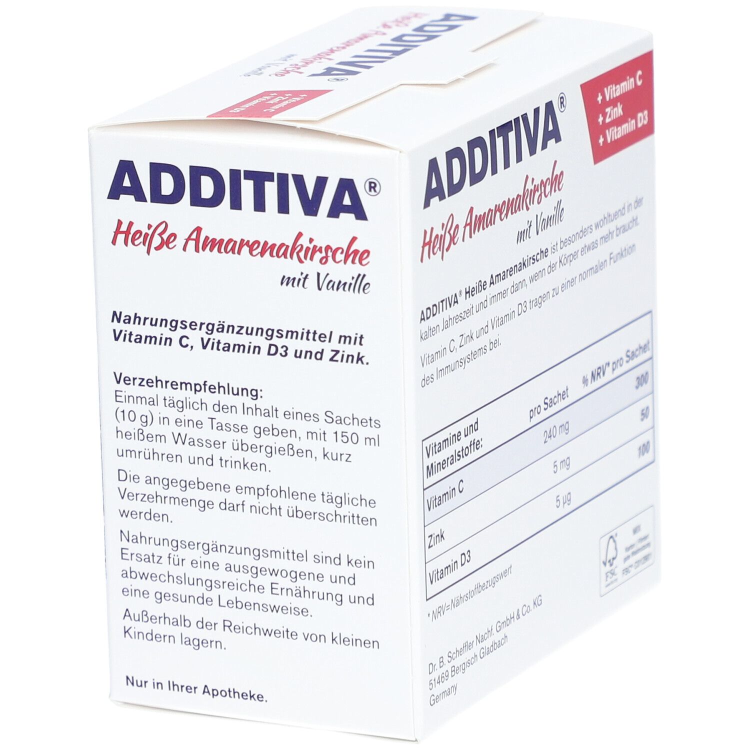 ADDITIVA® Heißgetränke Heiße Amarenakirsche mit Vanille. Karton mit Anwendungshinweisen und Nährwerttabelle.