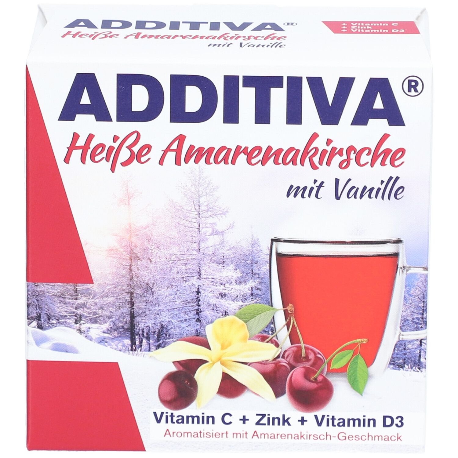 ADDITIVA® Heißgetränke Heiße Amarenakirsche mit Vanille. Karton mit Produktabbildung, Kirschen, Vanilleblüte und Tasse.