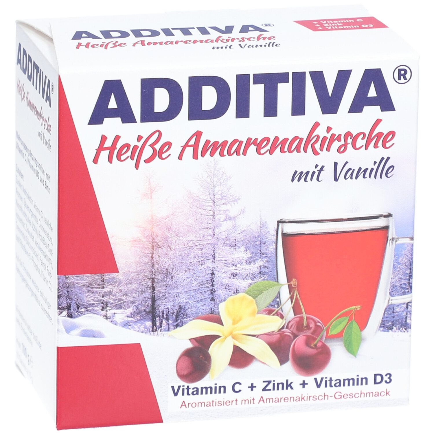 ADDITIVA® Heißgetränke Heiße Amarenakirsche mit Vanille. Karton mit Produktabbildung, Kirschen, Vanilleblüte und Tasse.