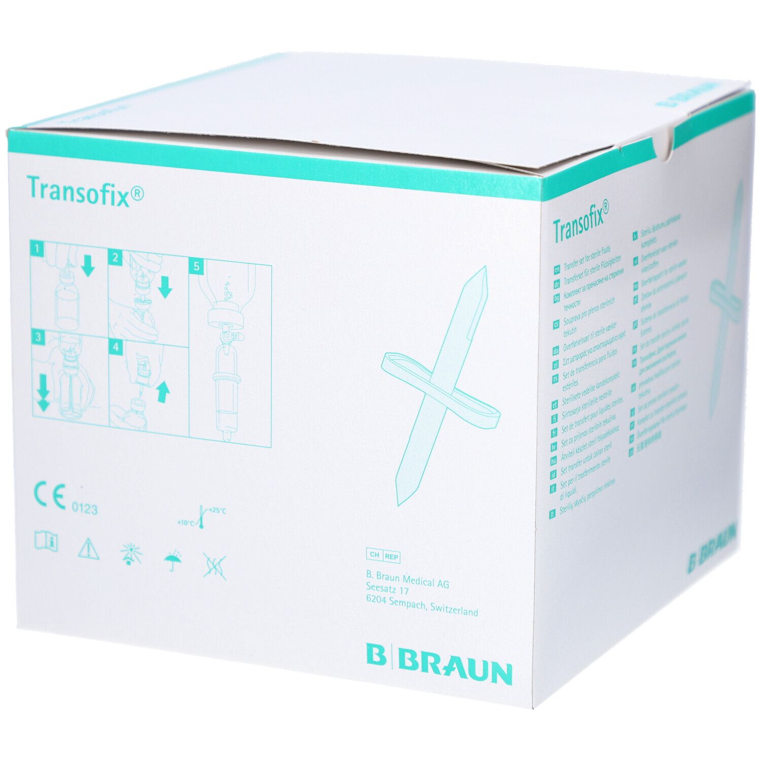 Karton mit Aufdrucken. Aufschrift "Transofix" und "B. Braun". Illustrationen von Anweisungen.