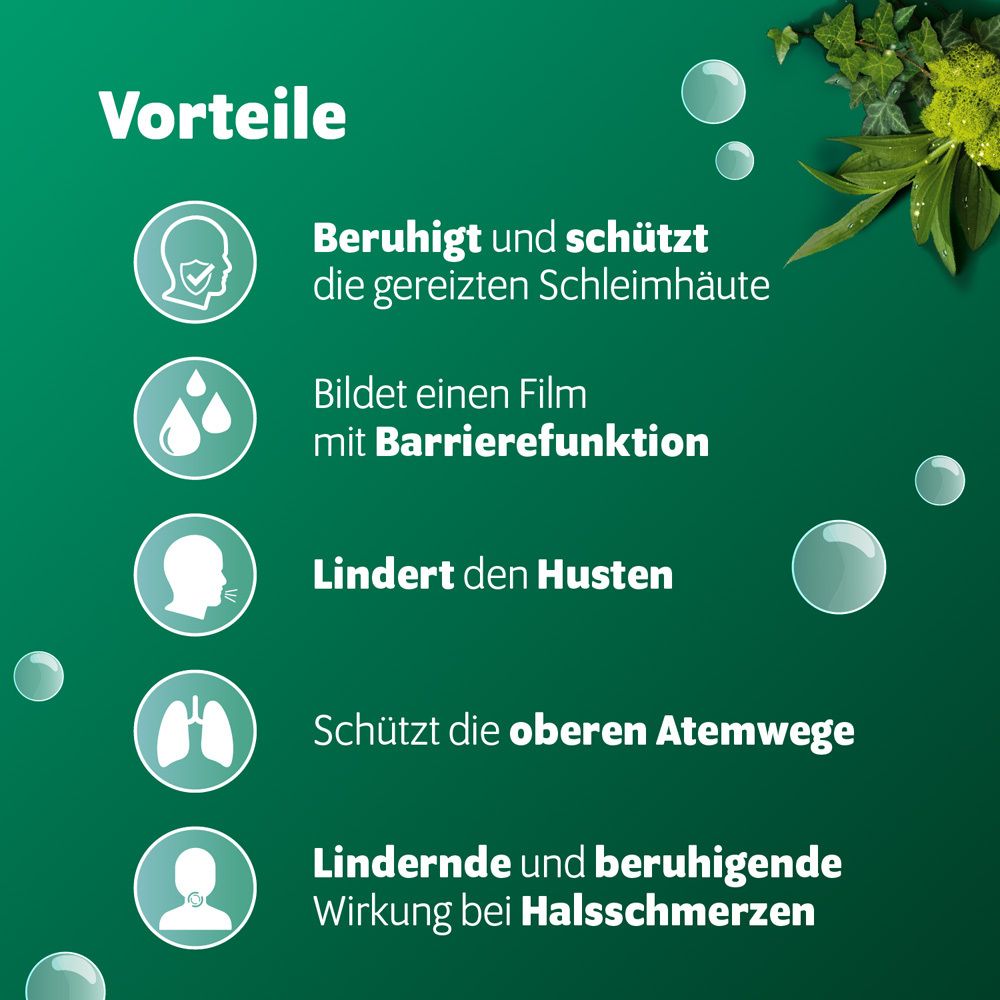 Vorteile von Fortolino Hustensirup. Text: Beruhigt, schützt, bildet Film, lindert Husten, schützt Atemwege, lindert Halsschmerzen.