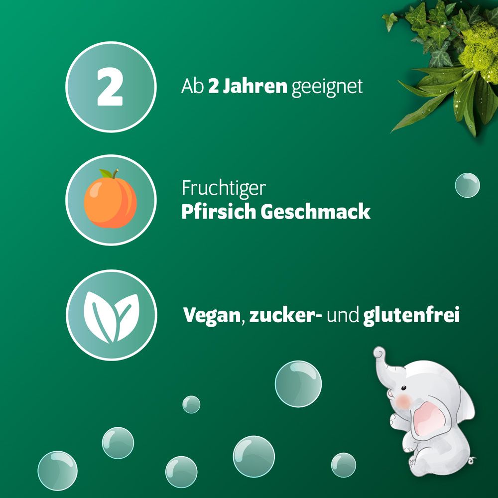Fortolino Hustensirup. Geeignet ab 2 Jahren. Fruchtiger Pfirsich Geschmack. Vegan, zucker- und glutenfrei. Illustration eines Elefanten.