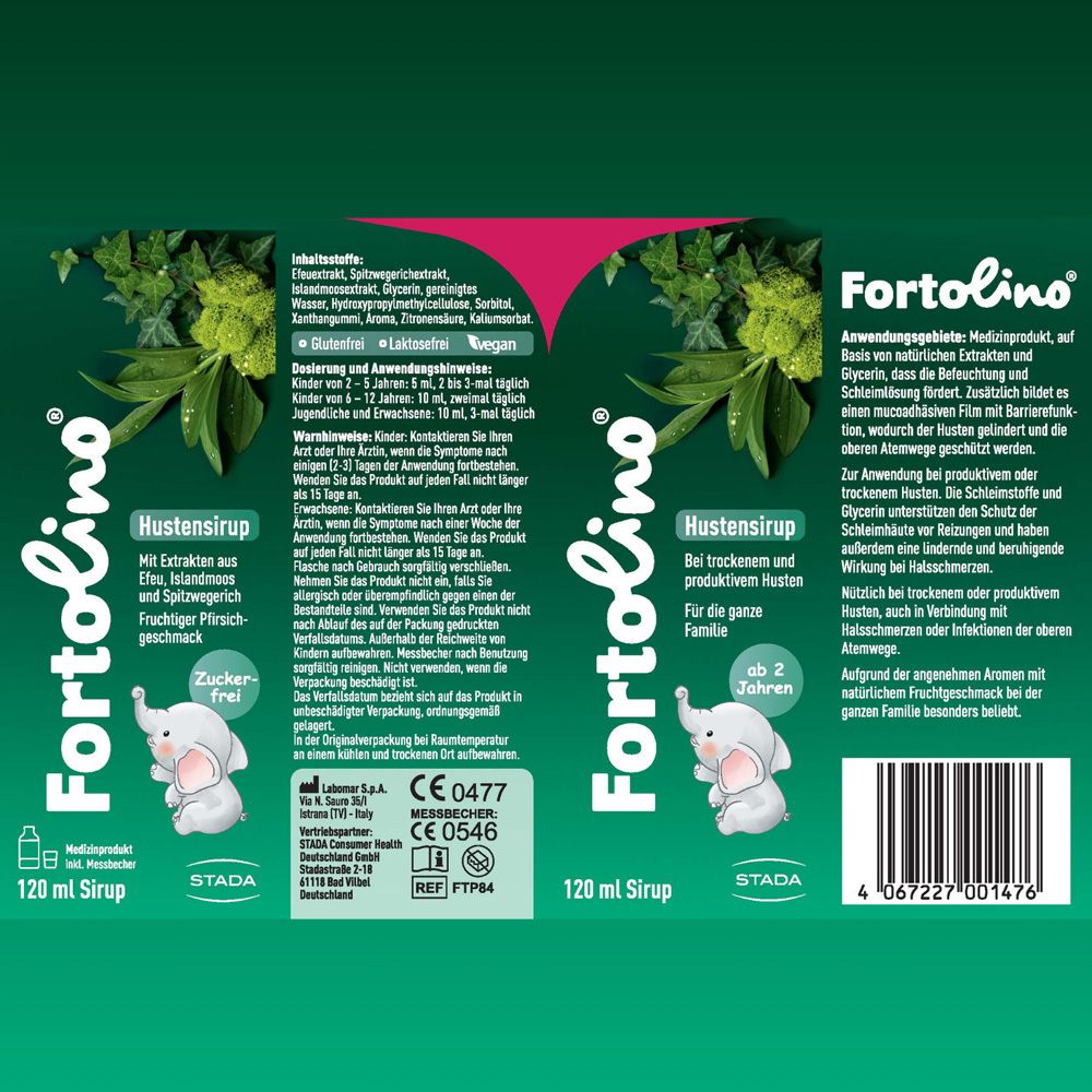 Verschiedene Produkte der Marke. Fortolino Hustensirup, Pflegecreme und Bronchoforton Salbe.