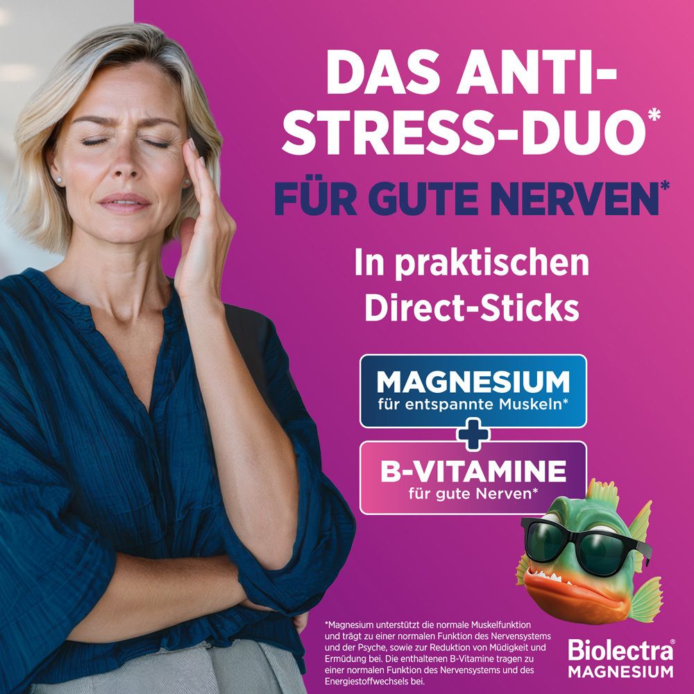Frau lächelt. Text: Mach' dich locker. Mit guten Nerven für das nächste Meeting. Magnesium und B-Vitamine.