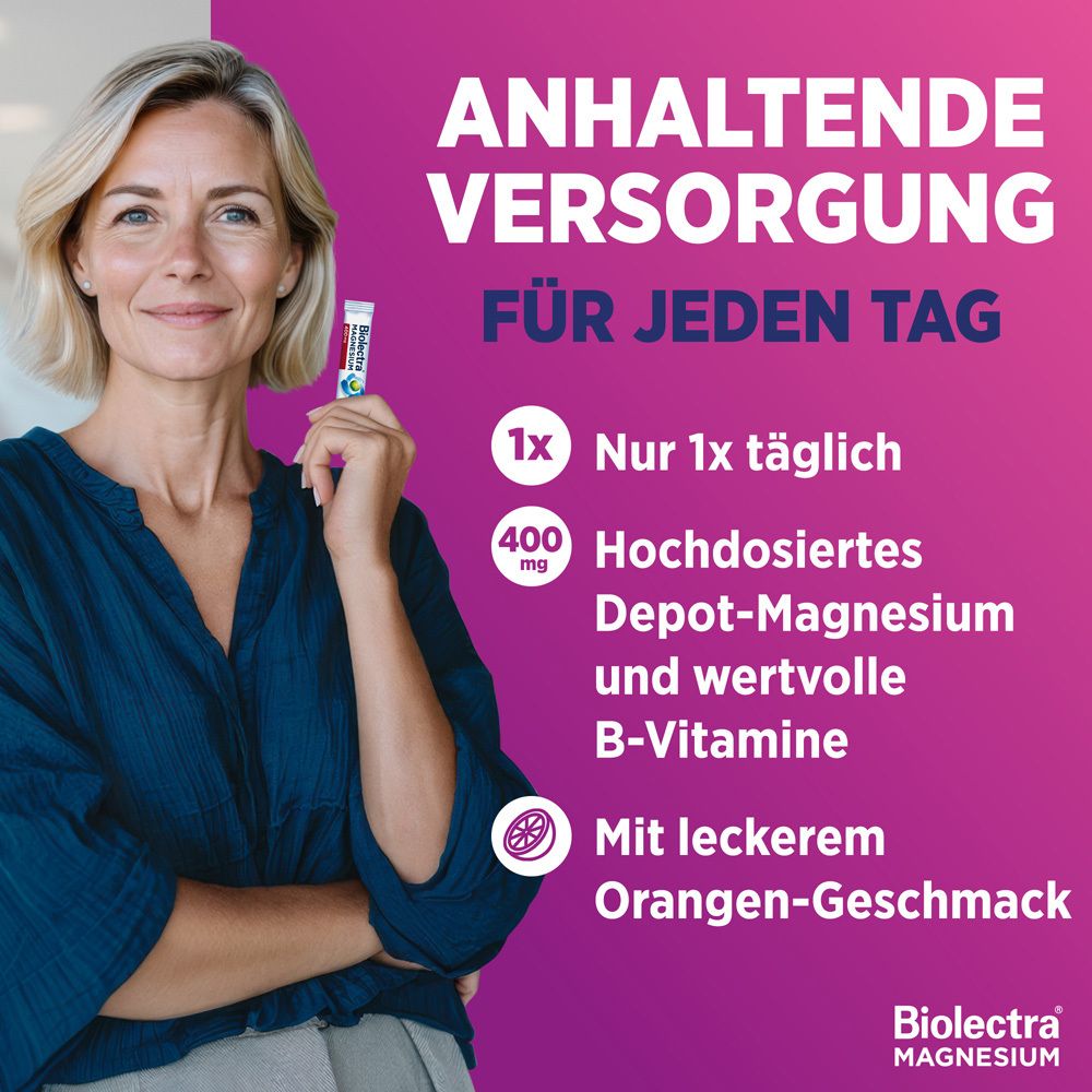 Frau hält Stick. Text: Das Anti-Stress-Duo. Magnesium für entspannte Muskeln + B-Vitamine für gute Nerven. 1x täglich ohne Wasser.