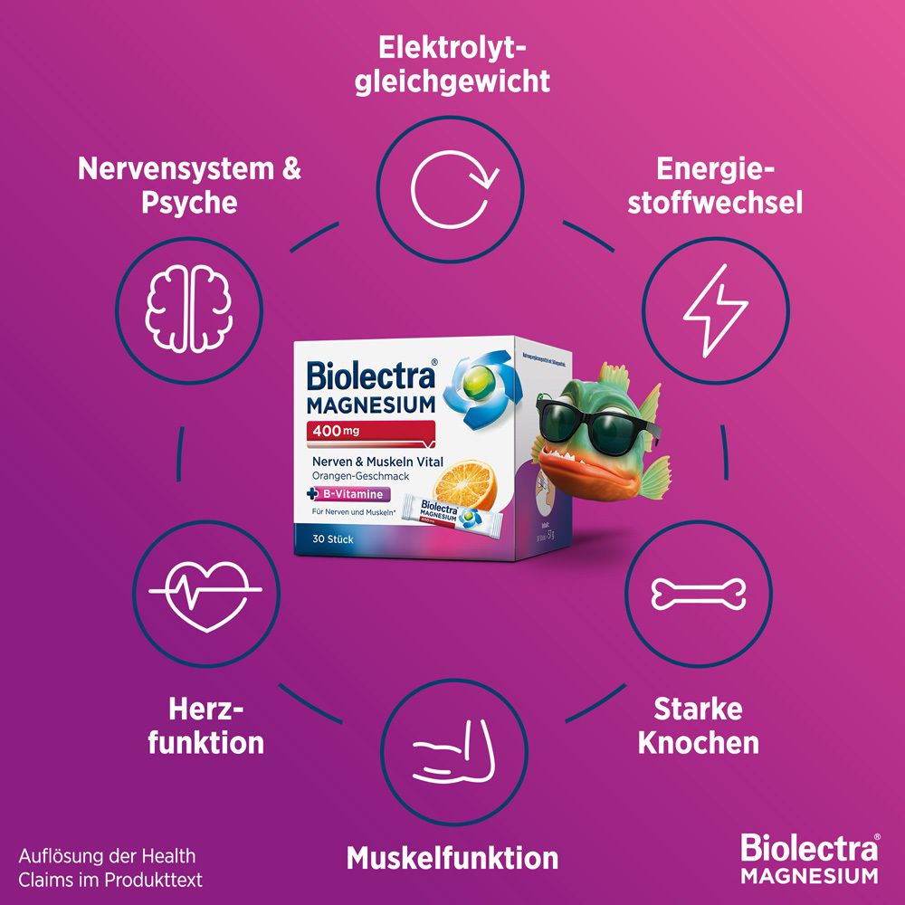 Biolectra Magnesium 400 mg Packung. Vorteilspackung. 60 Sticks. Orangen-Geschmack. B-Vitamine. Für Nerven und Muskeln.