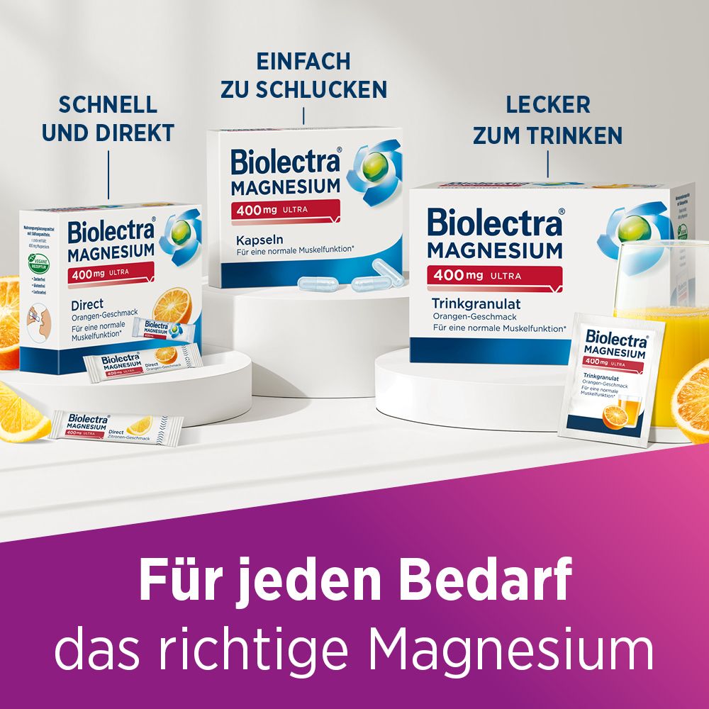 Biolectra Magnesium Produkte. Direct, Kapseln, Trinkgranulat. Für jeden Bedarf das richtige Magnesium.