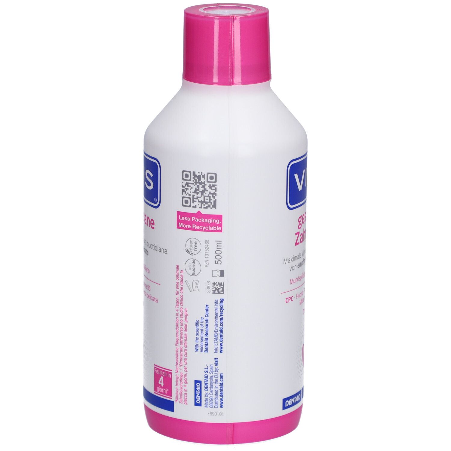 Rückseite der weißen Flasche mit rosa Deckel. QR-Code, Text: Less Packaging, More Recyclable. Text und Logo: VITIS. 4 Sterne.