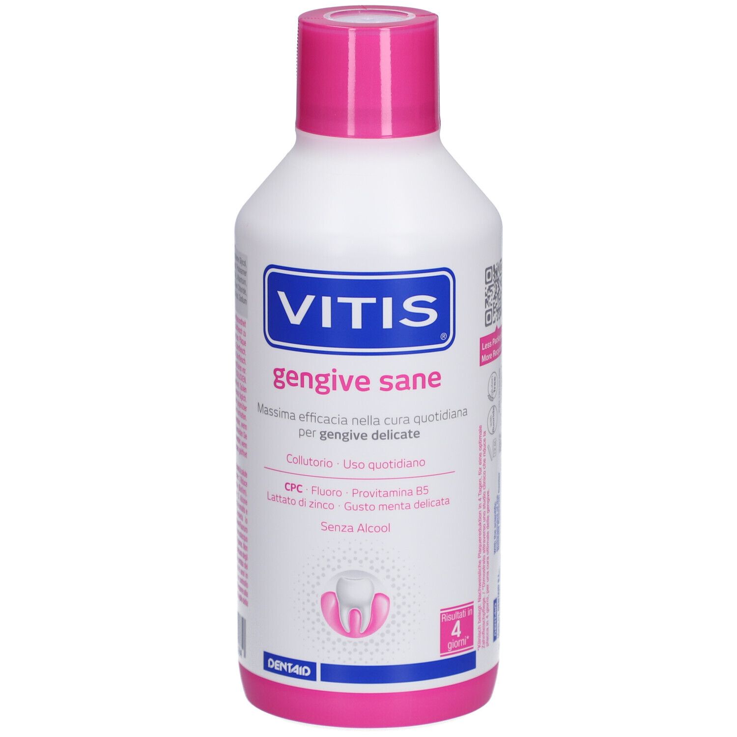 Weiße Flasche mit rosa Deckel. Aufschrift: VITIS gesundes Zahnfleisch. Mundspülung. Logo: Zahn und Zahnfleisch. 4 Sterne.