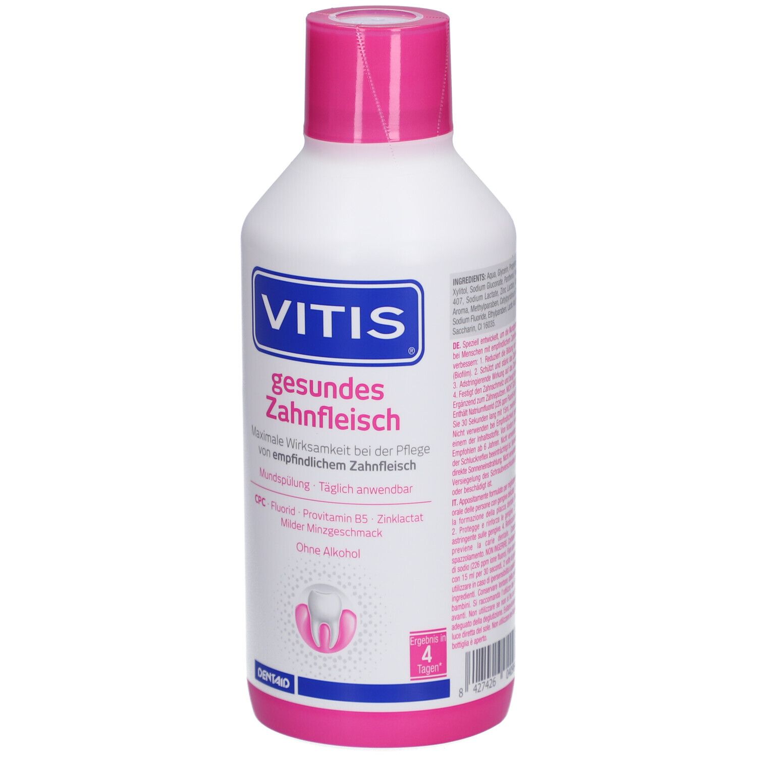 Weiße Flasche mit rosa Deckel. Aufschrift: VITIS gesundes Zahnfleisch. Mundspülung. Logo: Zahn und Zahnfleisch. 4 Sterne.