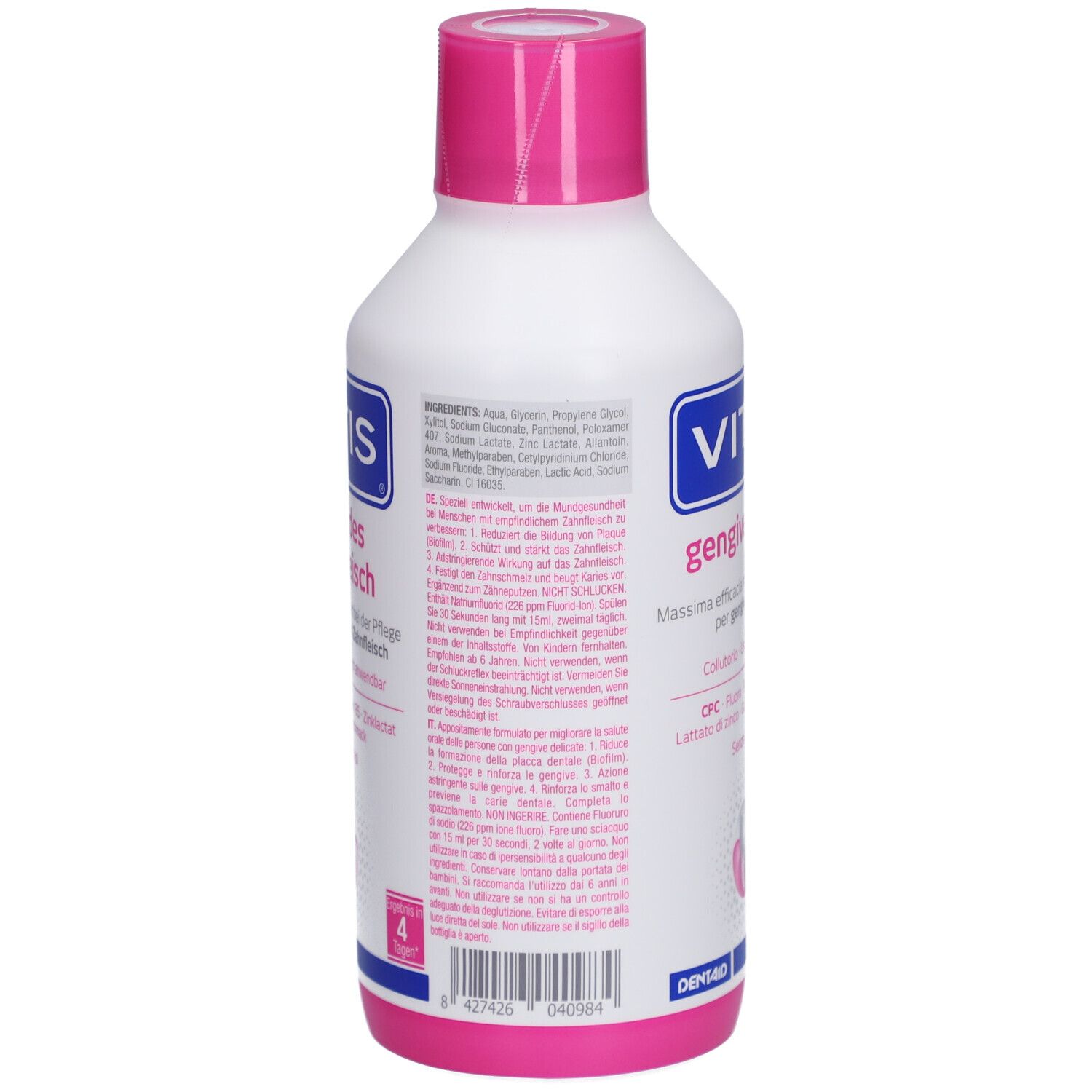 Rückseite der weißen Flasche mit rosa Deckel. Text: Inhaltsstoffe, VITIS, gesundes Zahnfleisch. Logo: Zahn und Zahnfleisch. 4 Sterne.