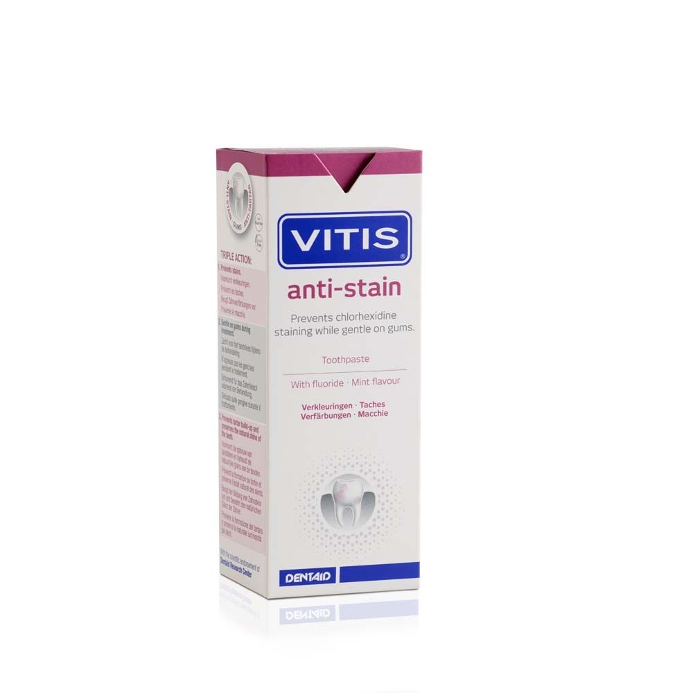 Zahnpasta-Verpackung. Weiß, pink und blau. Aufschrift: VITIS anti-stain. Verhindert Verfärbungen. Mit Fluorid.