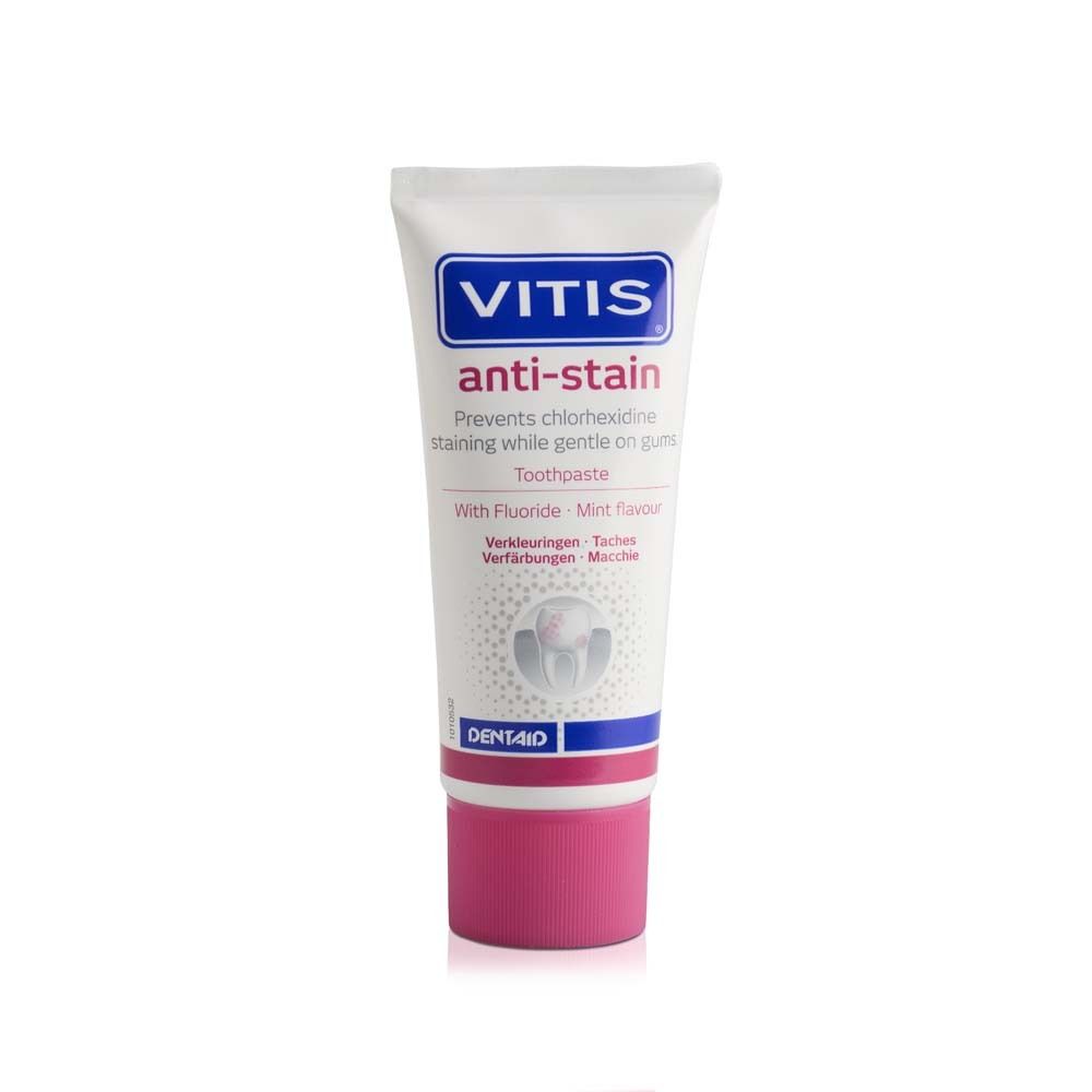 Zahnpasta-Tube. Weiß, pink und blau. Aufschrift: VITIS anti-stain. Verhindert Verfärbungen. Mit Fluorid.