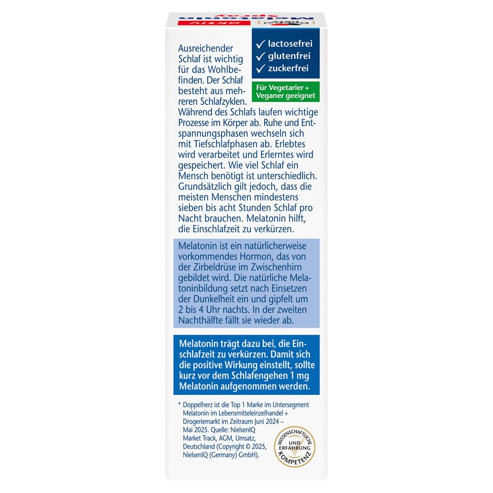 Text auf der Rückseite der Verpackung. Informationen über Schlaf, Melatonin und Inhaltsstoffe. Vegan und zuckerfrei.
