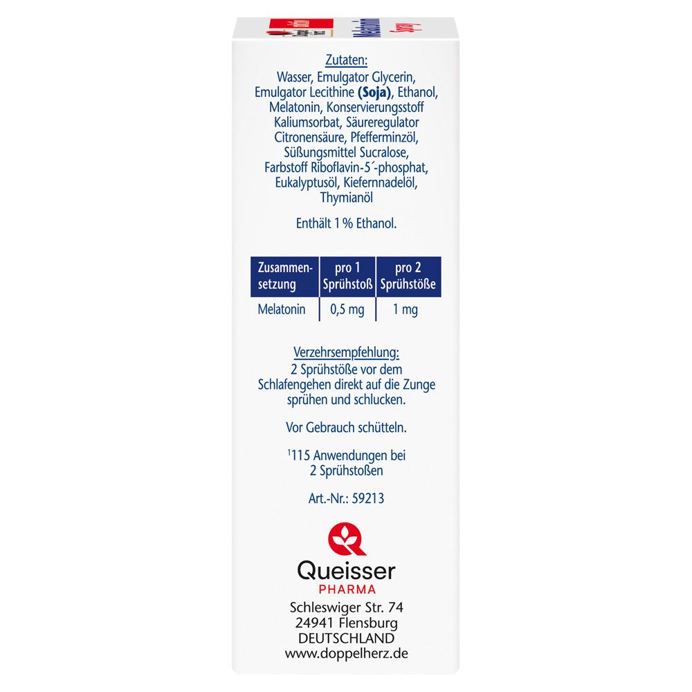 Rückseite der Verpackung mit Inhaltsstoffen und Dosierung. Enthält 1% Ethanol. Queisser Pharma.