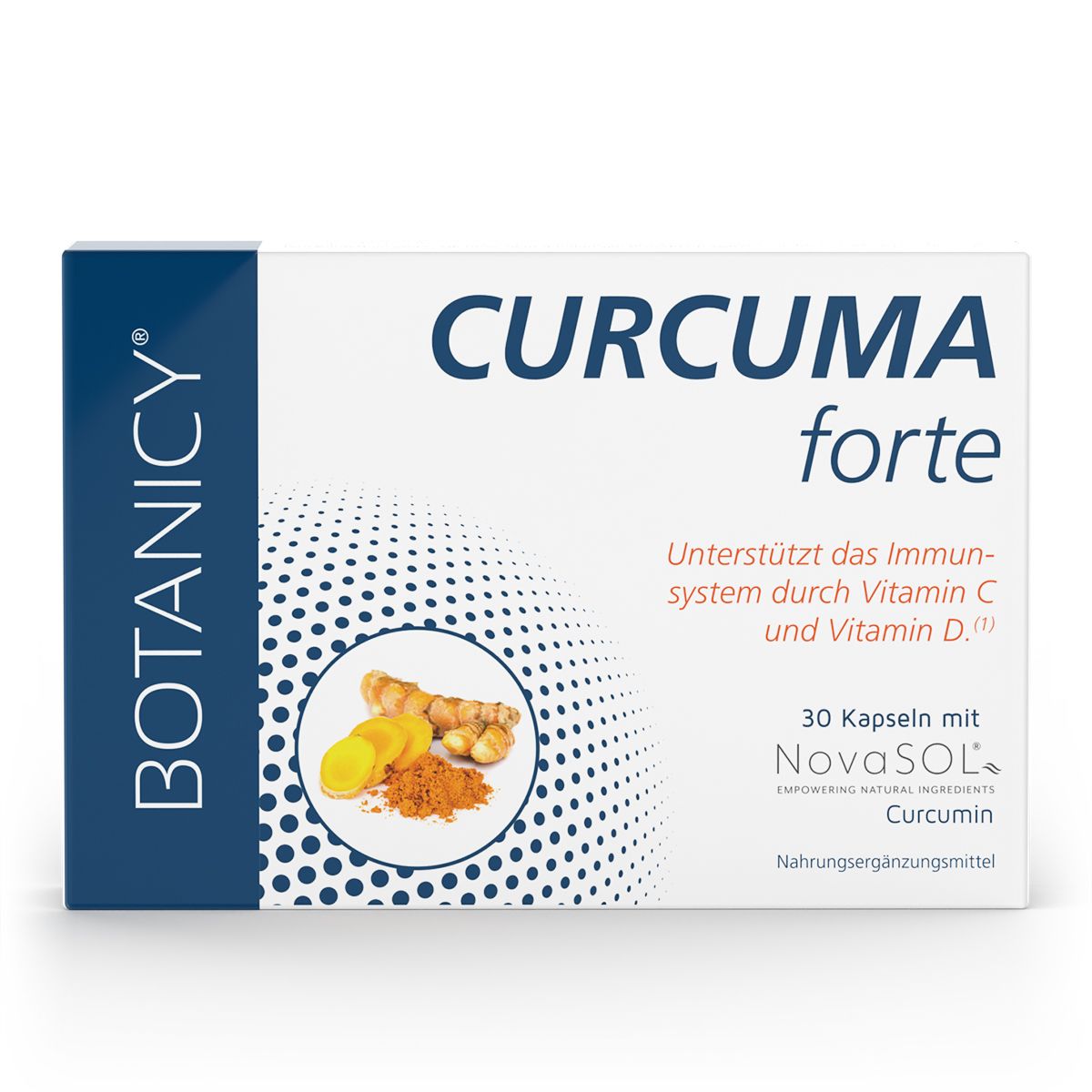Weiße Schachtel mit "CURCUMA forte" und Produktabbildung. Enthält 30 Kapseln.
