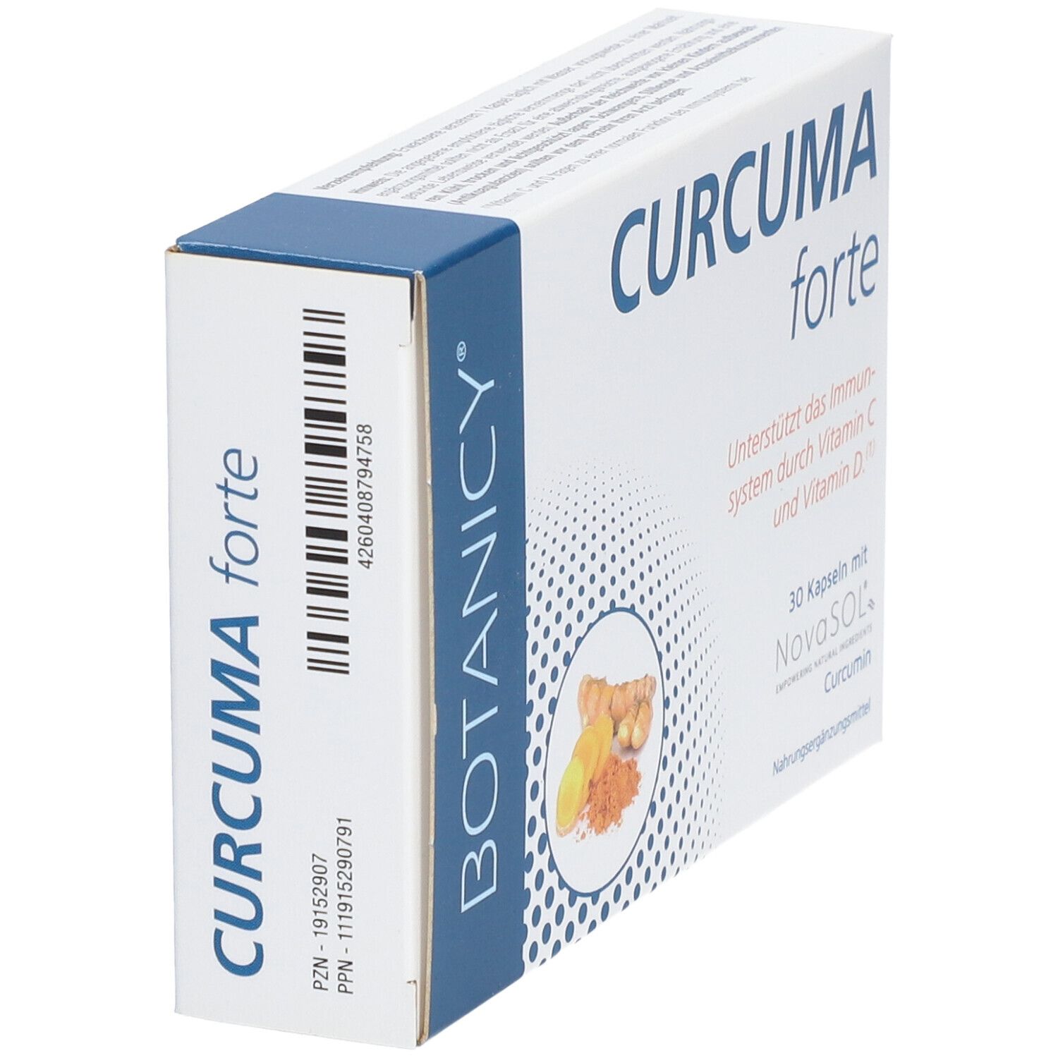 Schachtel mit "CURCUMA forte". Zeigt Produktnamen und Informationen.