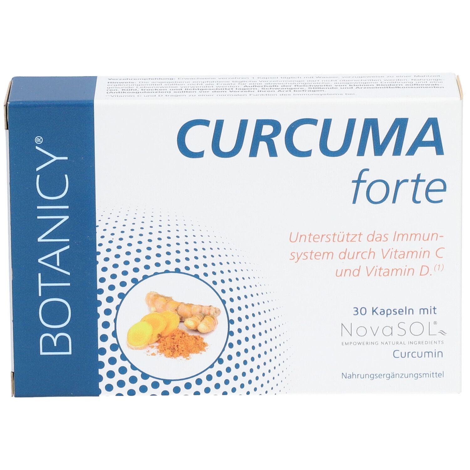 Weiße Schachtel mit "CURCUMA forte" und Produktabbildung. Enthält 30 Kapseln.