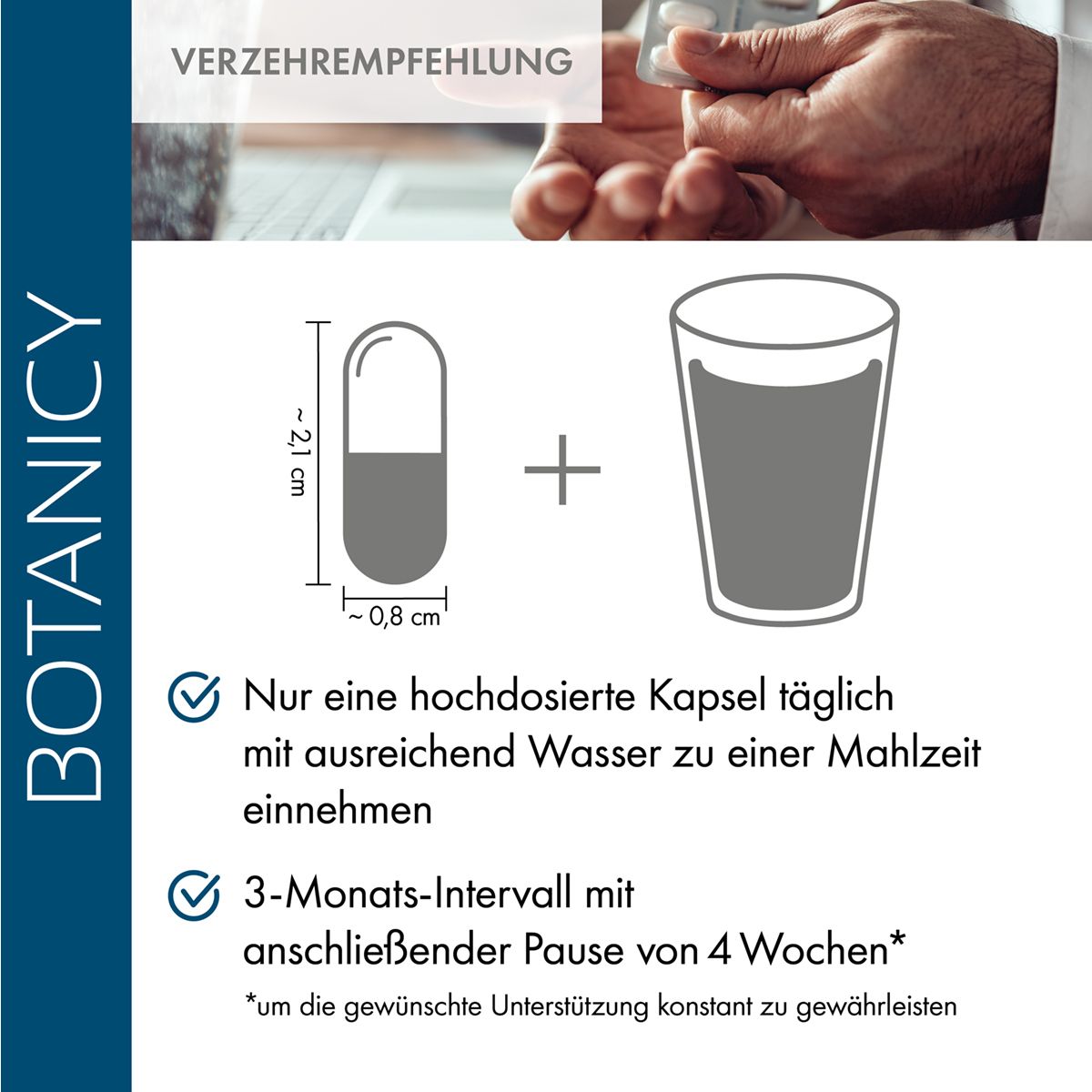 Grafik mit Kapsel und Glas Wasser. Zeigt die empfohlene Tagesdosis.